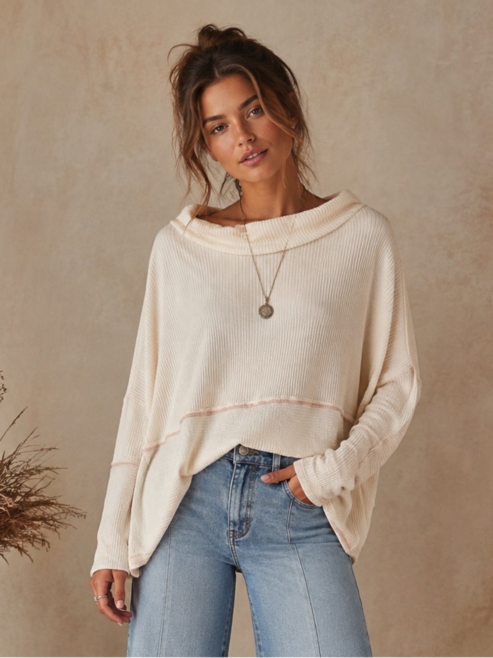 We The Free by Free People Cream Ribbed Oversized Thermal Top P/S